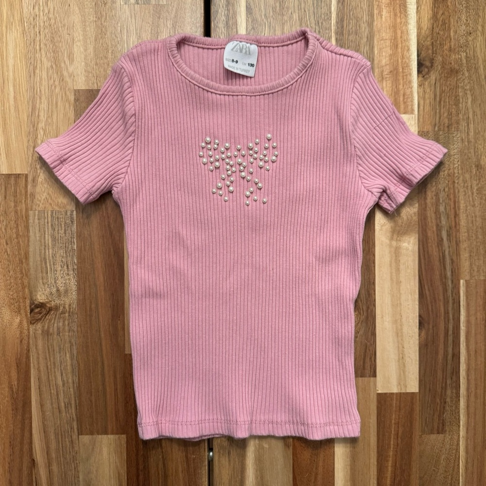 Zara Girl pearl pink ribbed bow summer spring short sleeve size 8-9 (130cm)‎